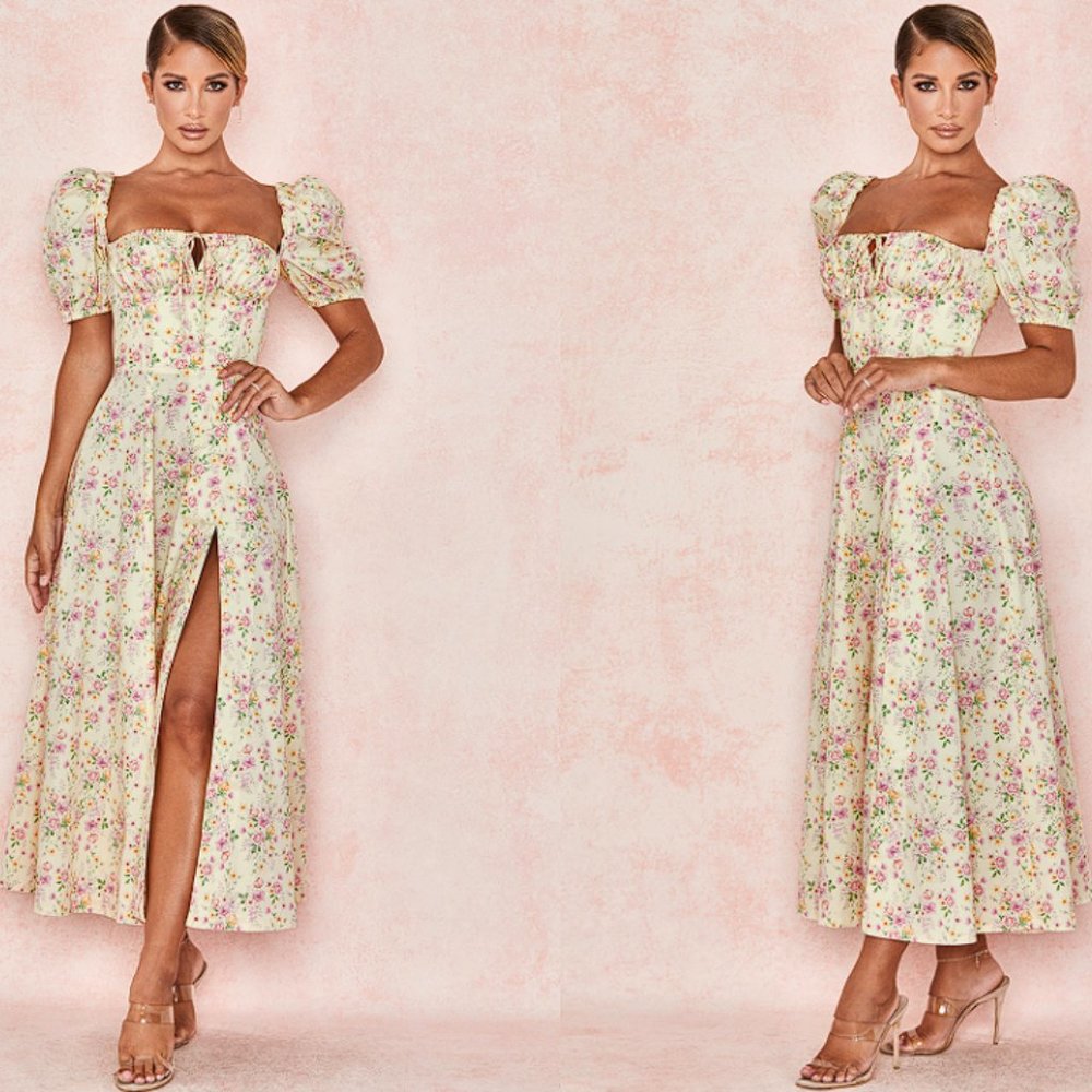 HOUSE OF CB 'Tallulah' Lemon Floral Puff Sleeve Midi Sundress NWOT - Picture 3 of 9